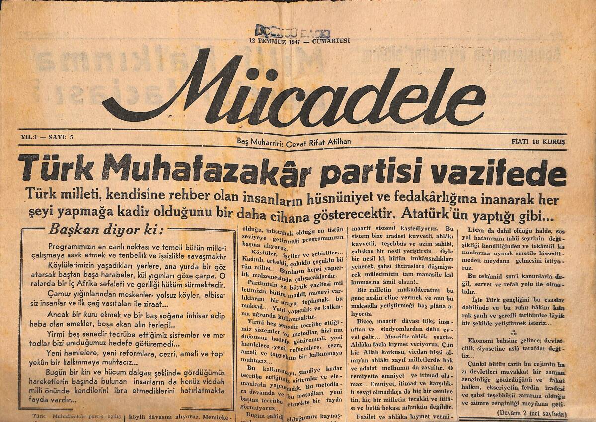 Mücadele Gazetesi 12 Temmuz 1947 - Türk Muhafazakar Partisi Vazifede - Milli Kalkınma Partisi Faciası GZ136703 - 1