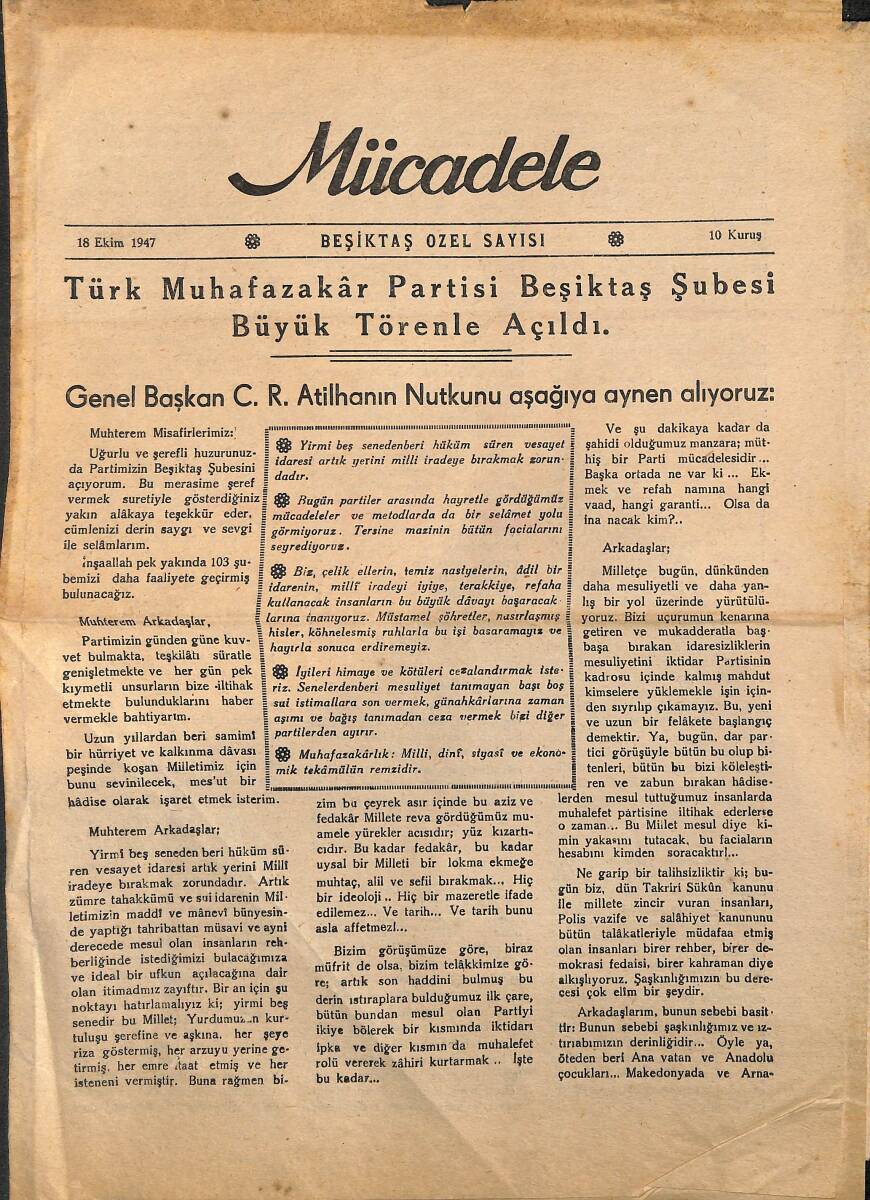 Mücadele Gazetesi 18 Ekim 1947 - Türk Muhafazakar Partisi Beşiktaş Şubesini Büyük Törenle Açıldı GZ136726 - 1