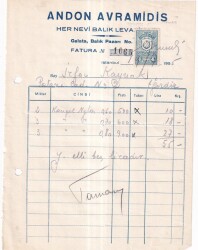 Musevi İş Adamı -ANDON AVRAMİDİS HER NEVİ BALIK LEVAZIMATI İSTANBUL.1955 YILI FATURA - Gökçekoleksiyon