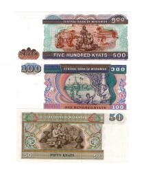 Myanmar 50/100/500 Kyats Yabancı Kağıt Para Set ÇİL YKP8459 - 2