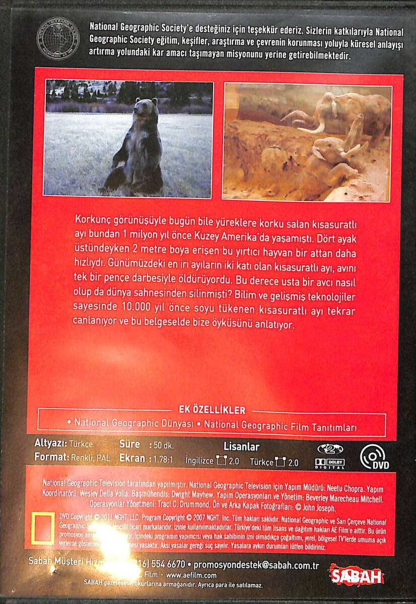 National Geographic - Tarihöncesi Yırtıcılar / Kısasuratlı Ayı DVD Film (İkinci El) DVD2806 - 2