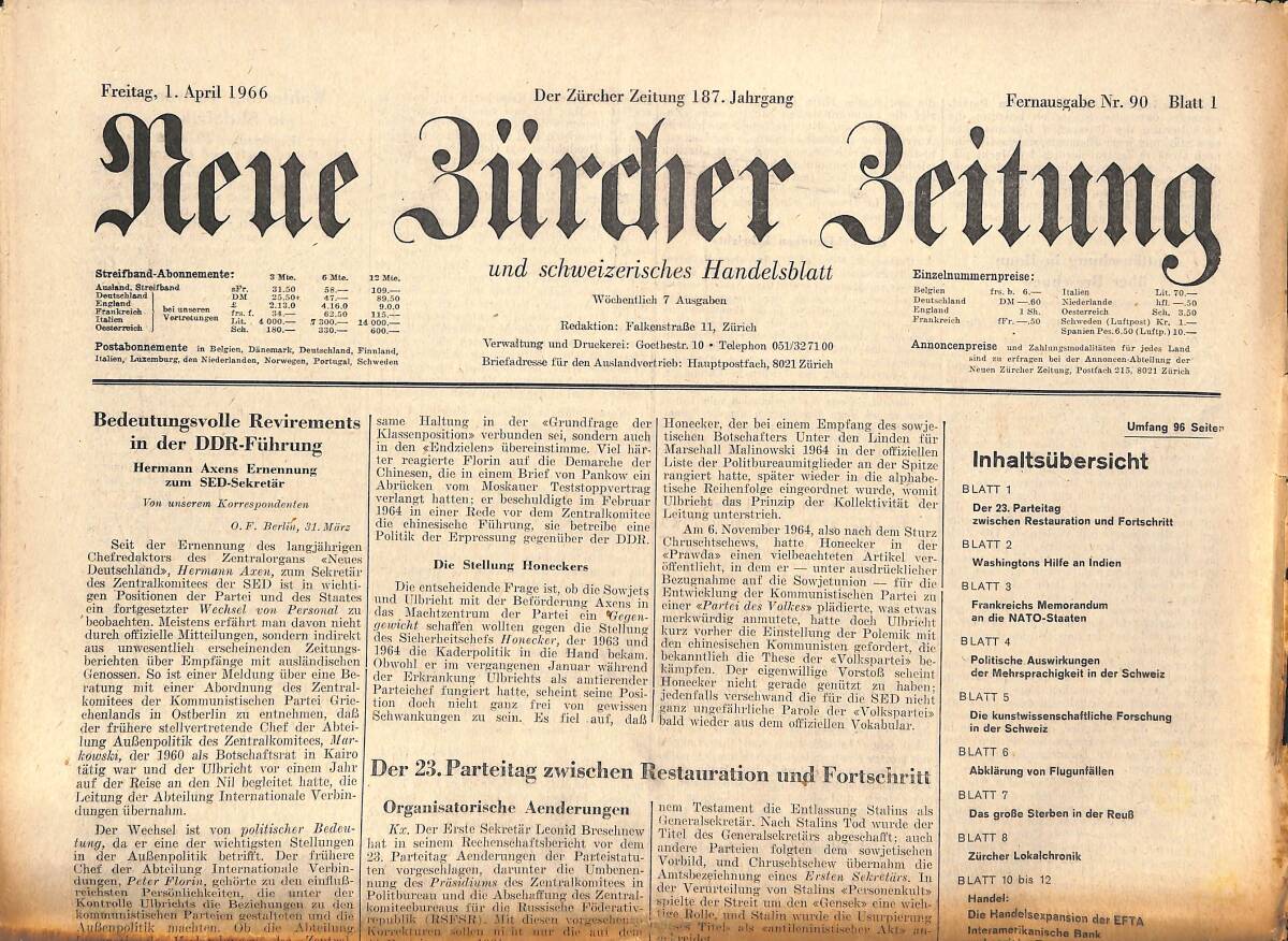 Neue Bürcher Beitung 1 April 1966 - Bedeutungsvolle Revirements İn Der DDR- Führung GZ141655 - 1