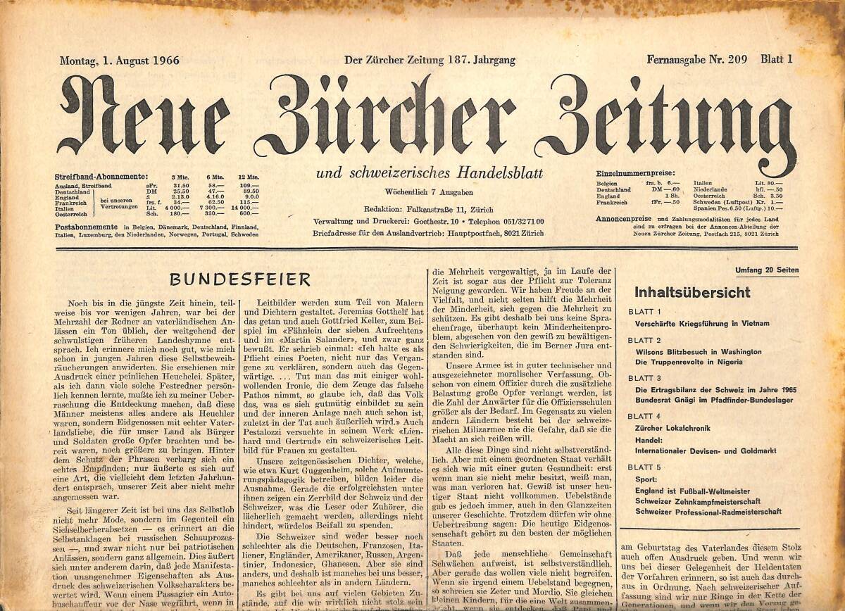 Neue Bürcher Beitung 1 August 1966 - Verscharfte Kriegsflührung İn Vietnam GZ141651 - 1