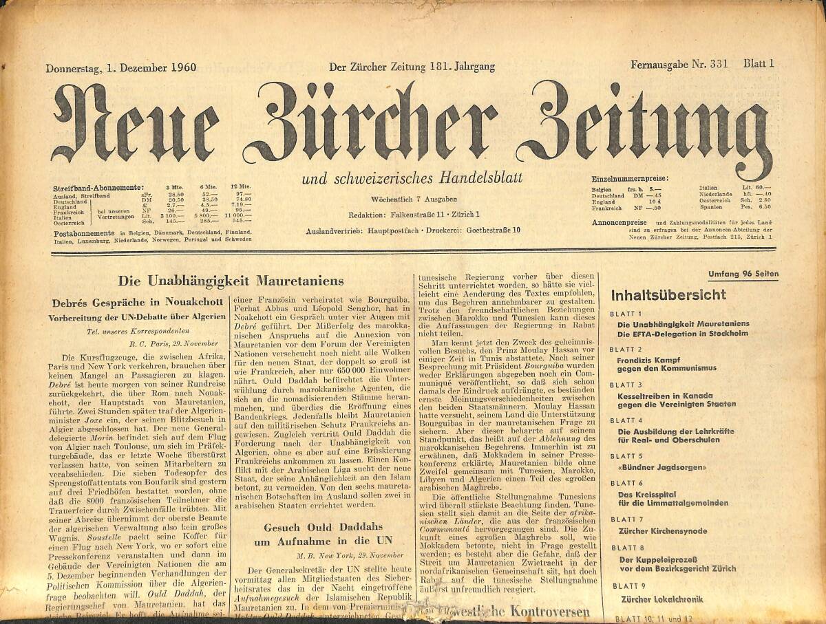 Neue Bürcher Beitung 1 Dezember 1960 - Die Unabhangigkeit Mauretaniens GZ141625 - 1
