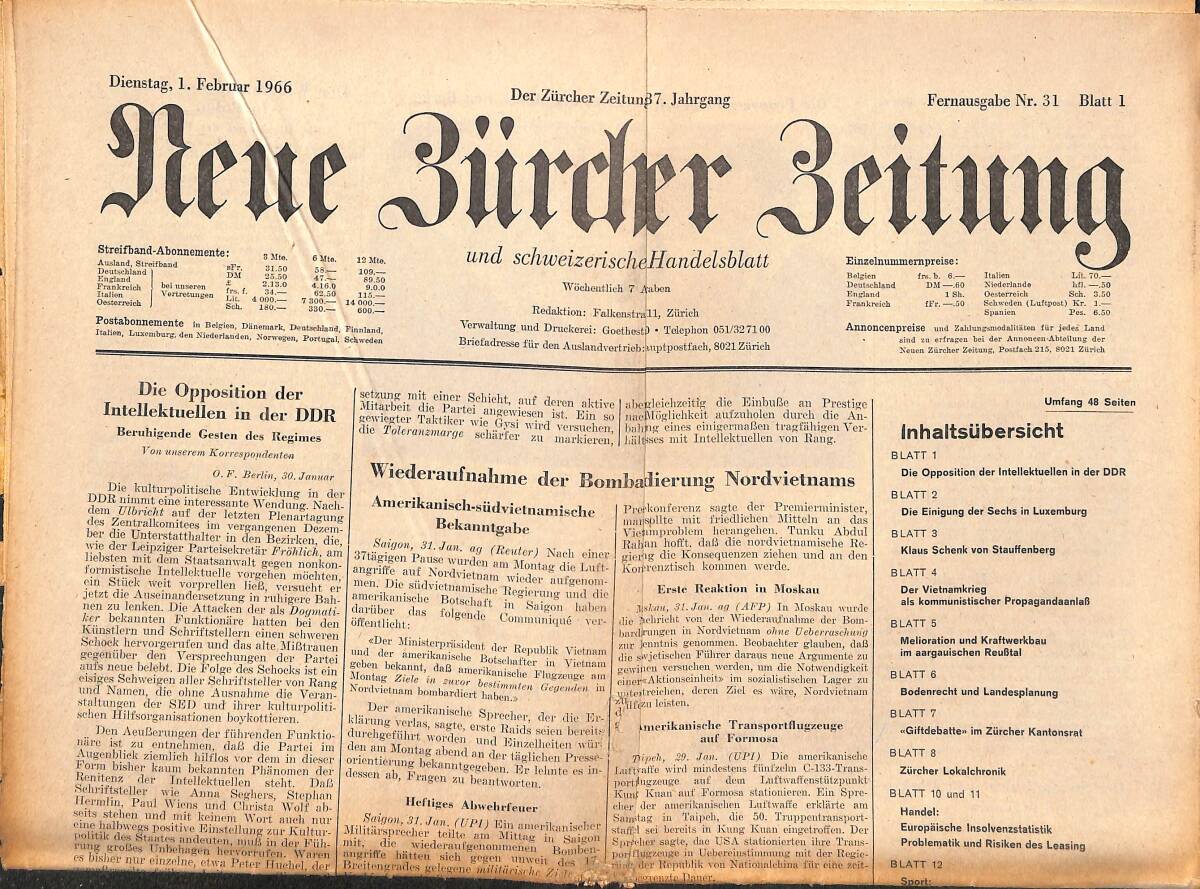 Neue Bürcher Beitung 1 Februar 1966 - Die Opposition Der Intellektuellen İn Der DDR GZ140889 - 1