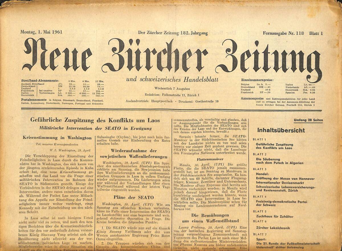 Neue Bürcher Beitung 1 Mai 1961 - Gefahrliche Zuspitzung Des Konflikts Um Laos GZ141585 - 1