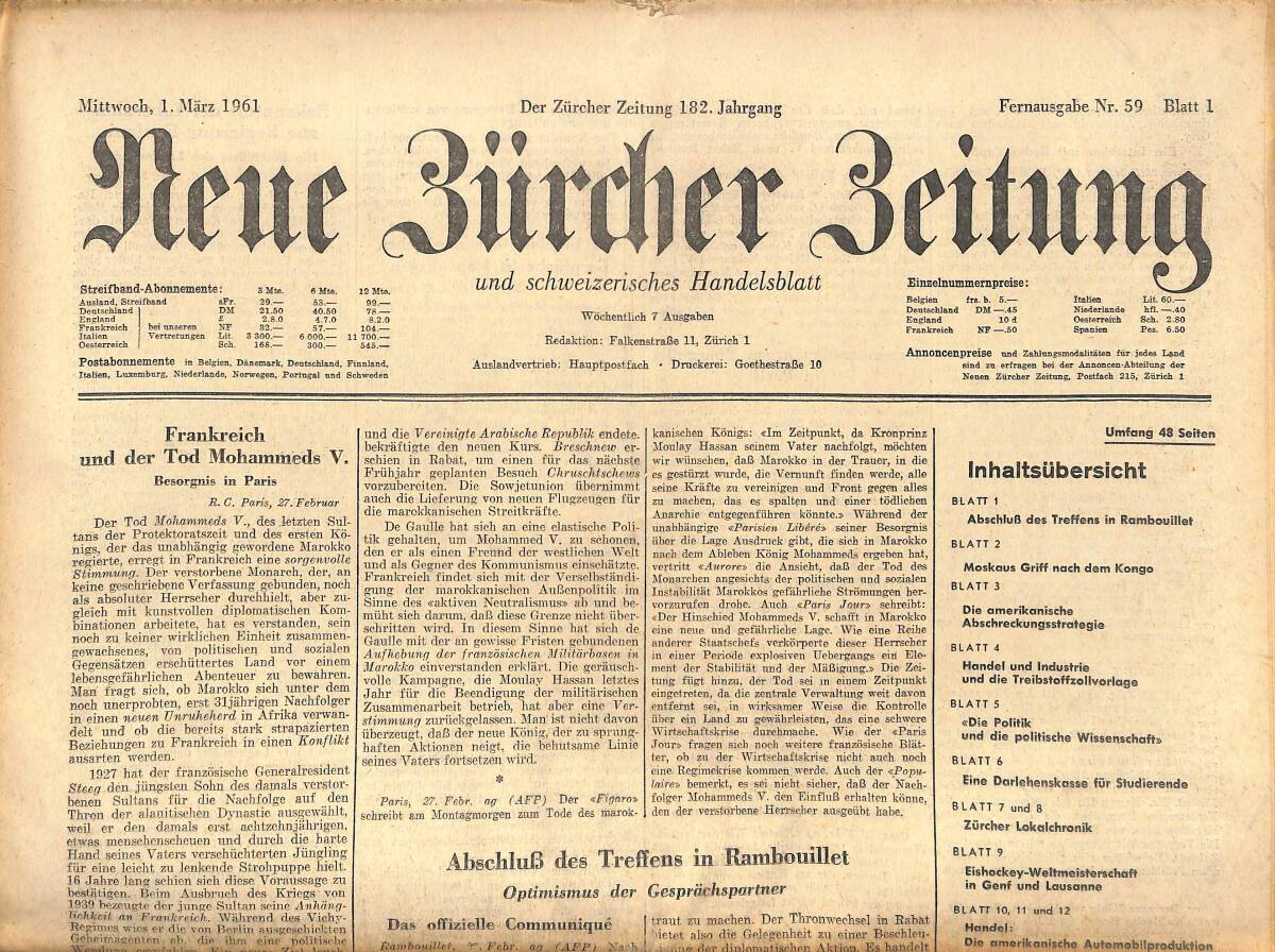 Neue Bürcher Beitung 1 Marz 1961 - Frankreich Und Der Tod Mohammeds V. GZ140879 - 1