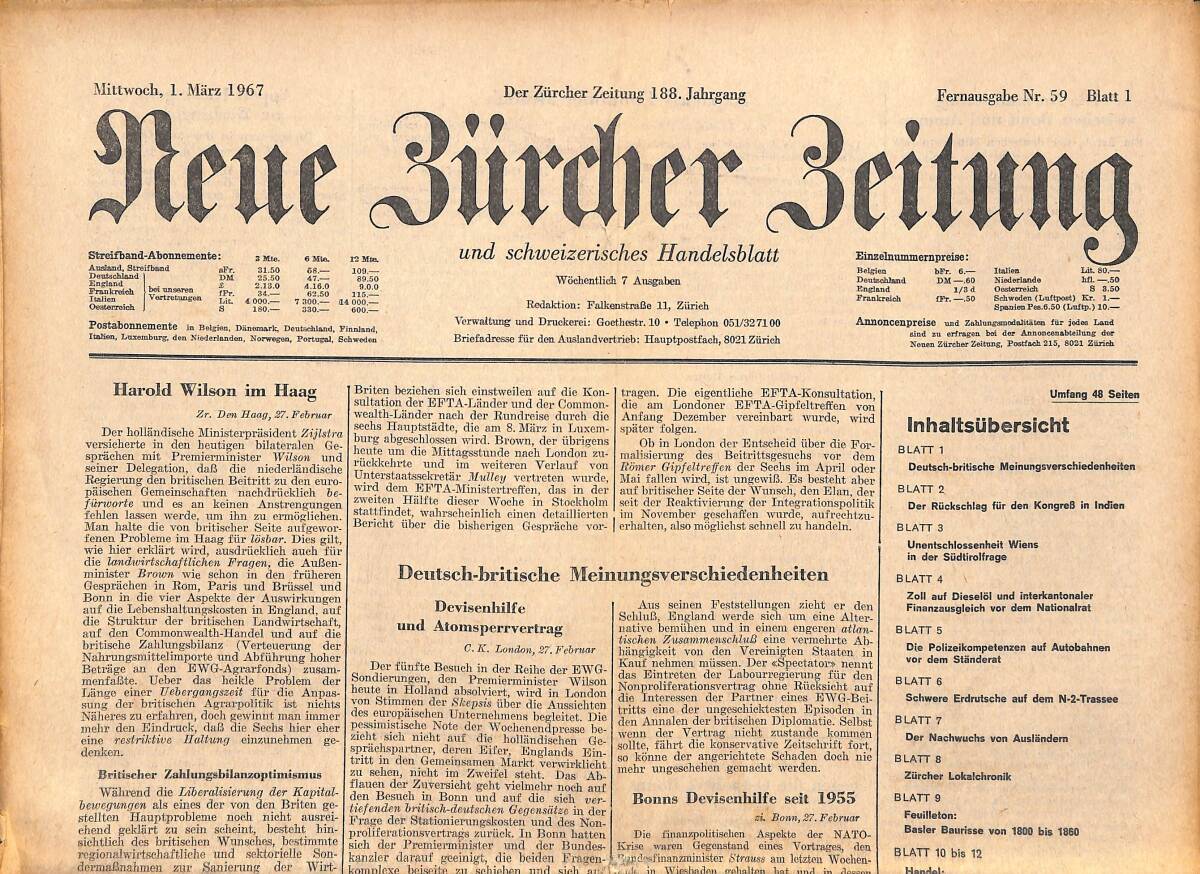 Neue Bürcher Beitung 1 Marz 1967 - Harold Wilson İm Haag GZ141636 - 1