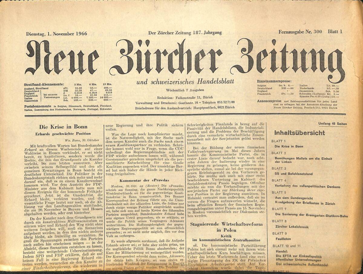 Neue Bürcher Beitung 1 November 1966 - Die Krise İn Bonn GZ140953 - 1