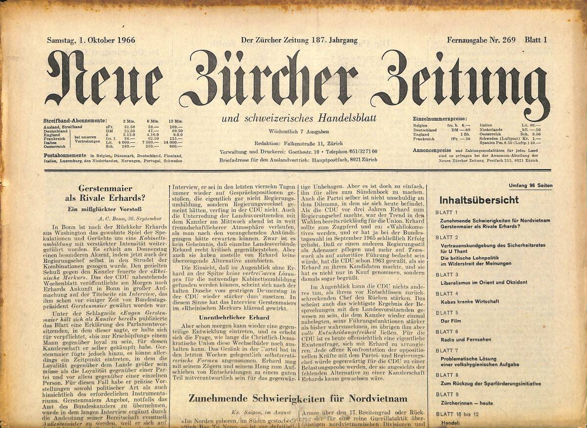 Neue Bürcher Beitung 1 Oktober 1966 - Gerstenmaier Als Rivale Erhards? GZ141263 - 1