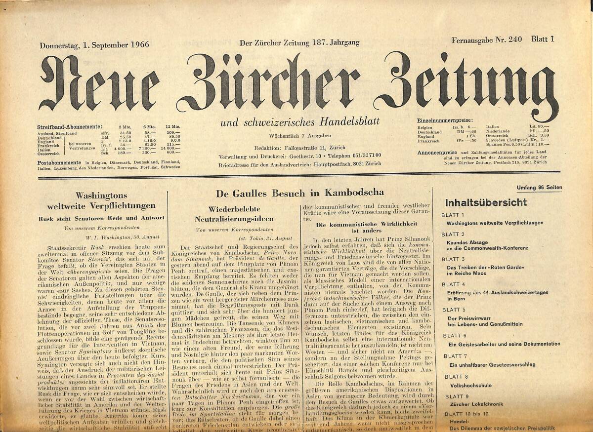 Neue Bürcher Beitung 1 September 1966 - Washingtons Weltweite Verpflichtungen GZ140939 - 1