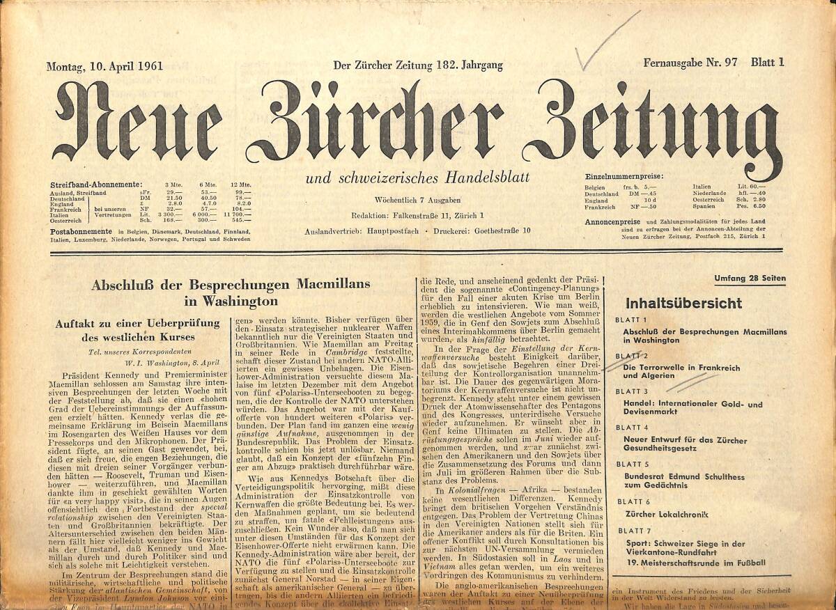 Neue Bürcher Beitung 10 April 1961 - Abschlub Der Besprechungen Macmillans İn Washington GZ140884 - 1