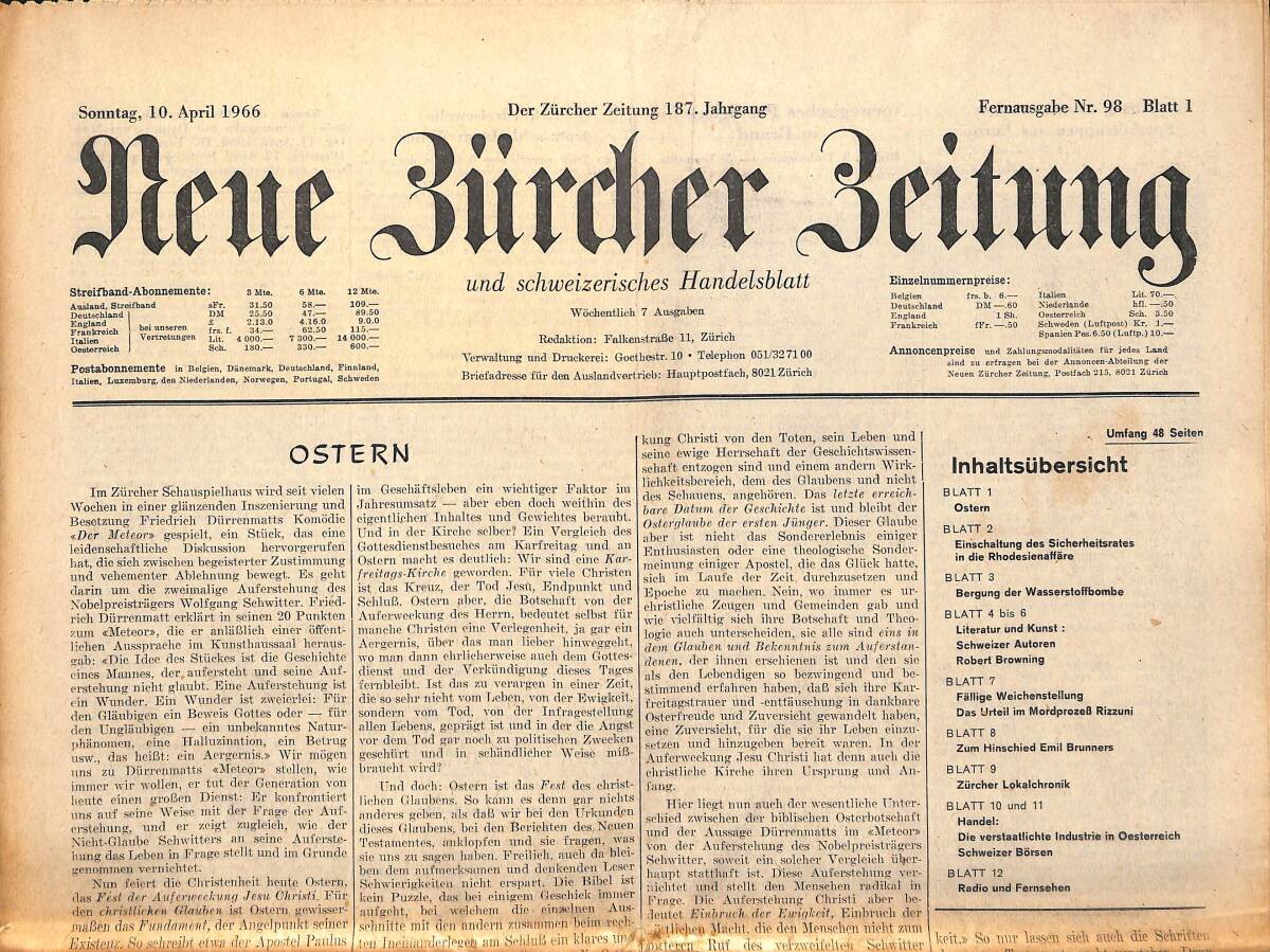 Neue Bürcher Beitung 10 April 1966 - Gründonnerstag İn Rom GZ141323 - 1