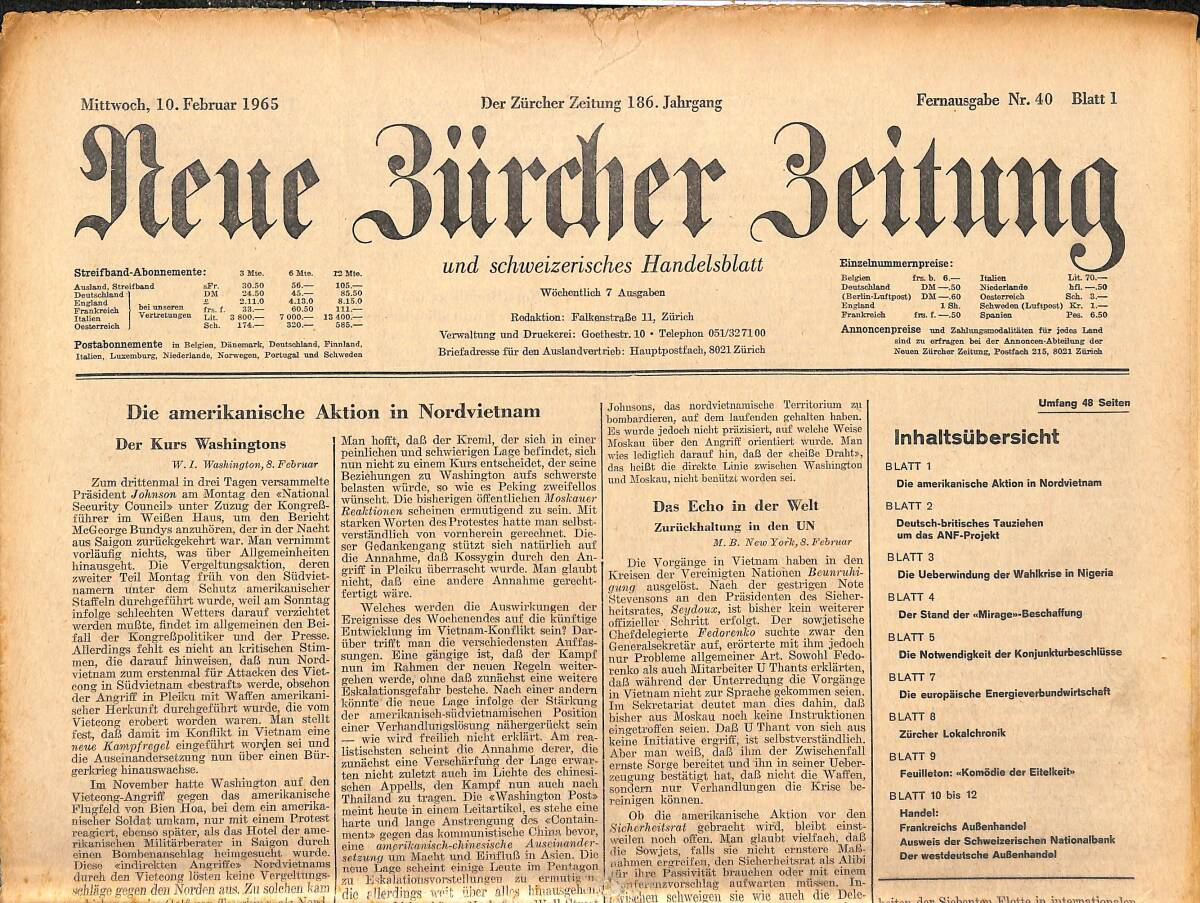 Neue Bürcher Beitung 10 Februar 1965 - Die Amerikanische Aktion İn Nordvietnam GZ141355 - 1