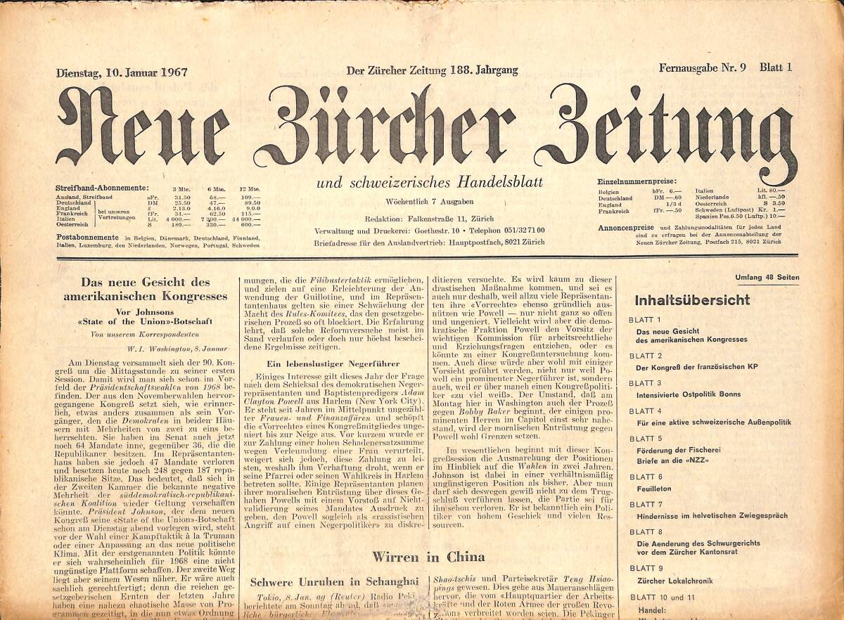 Neue Bürcher Beitung 10 Jannuar 1967 - Das Neue Gesicht Des Amerikanischen Kongresses GZ141898 - 1