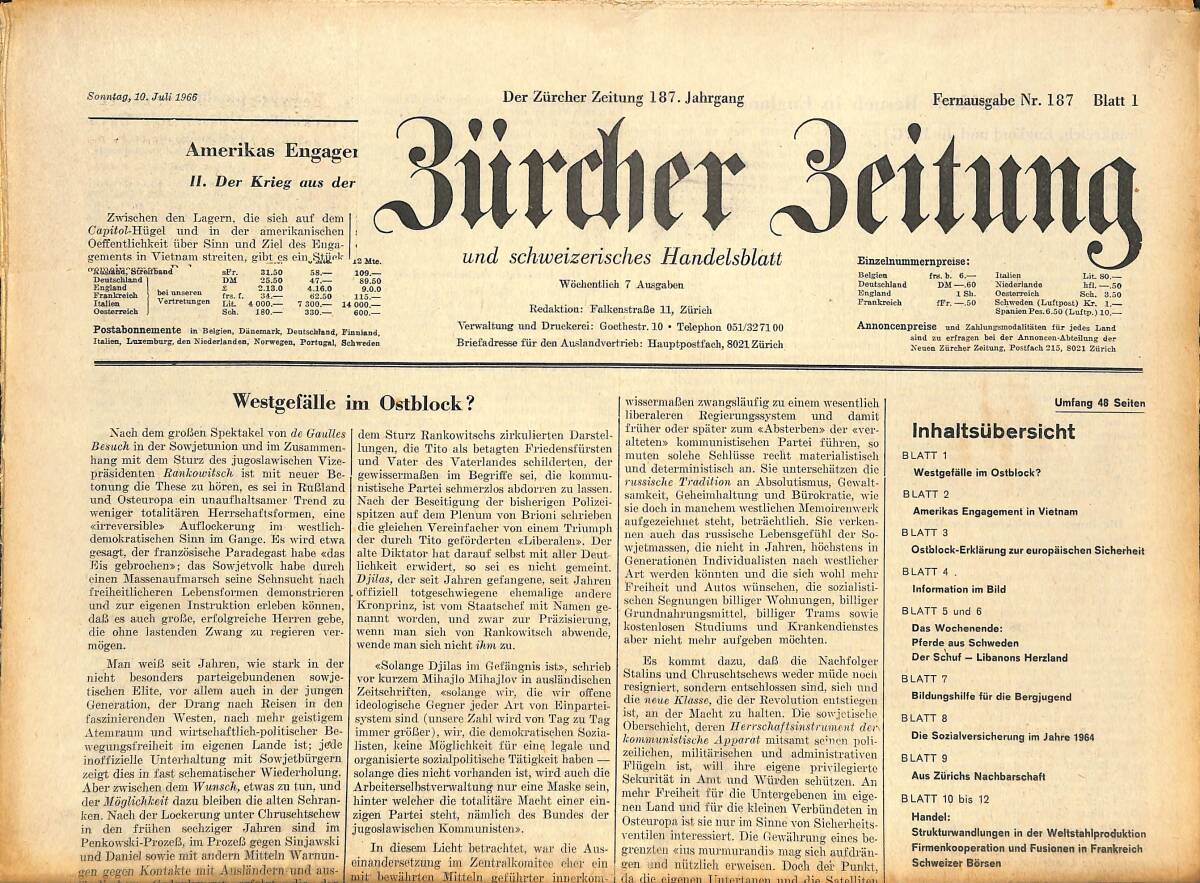 Neue Bürcher Beitung 10 Juli 1966 - Weatfefalle İm Ostblock? GZ141616 - 1
