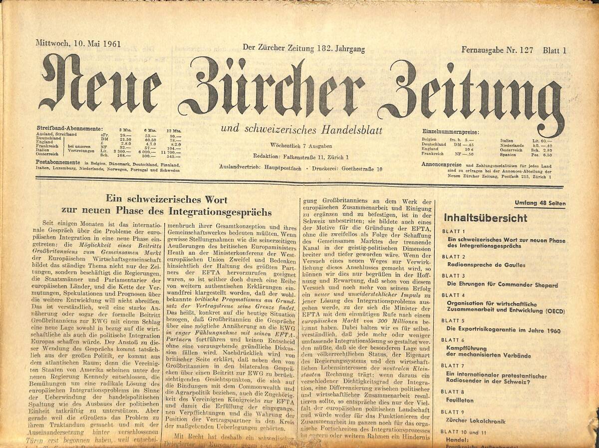 Neue Bürcher Beitung 10 Mai 1961 - Ein Schweizerisches Wort Zur Neuen Phase Des Integrationsgesprachs GZ141594 - 1