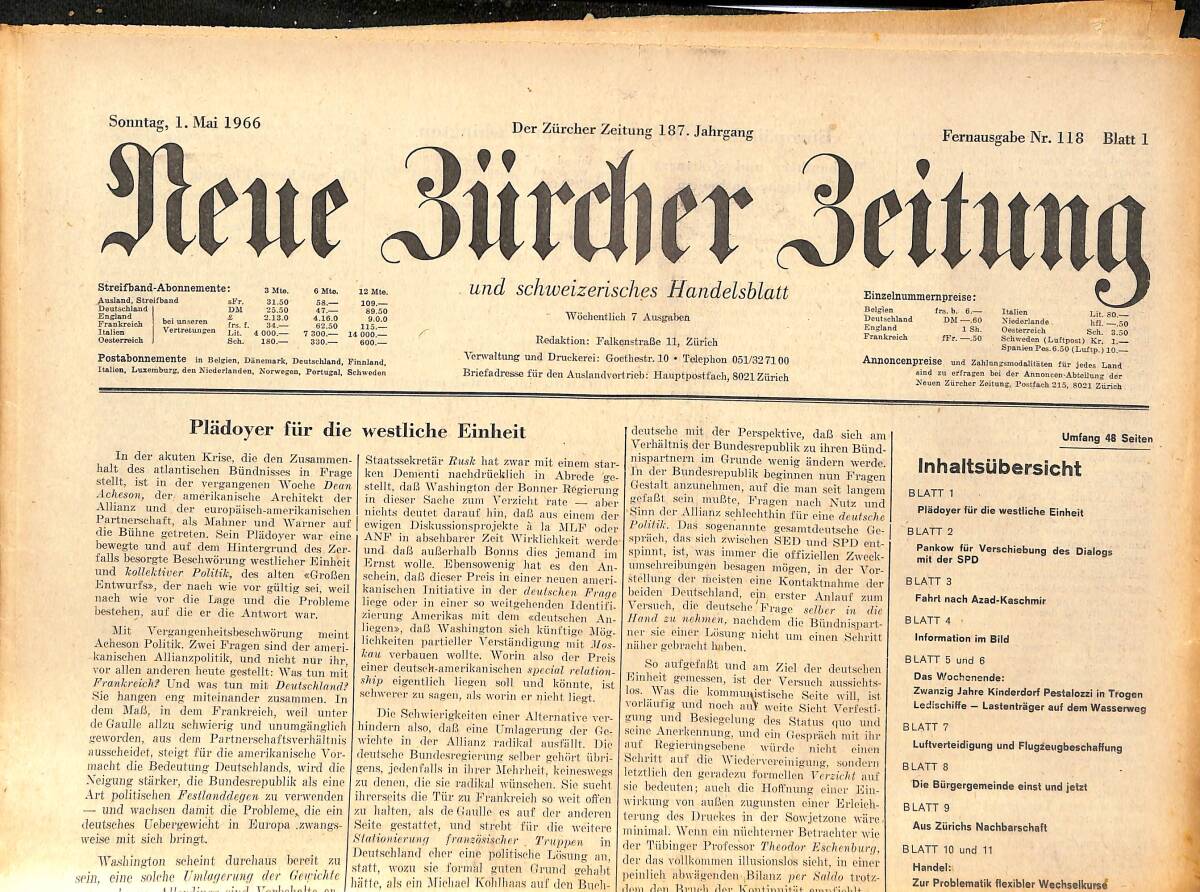 Neue Bürcher Beitung 10 Mai 1966 - Pladoyer Für Die Westliche Einheit GZ141278 - 1