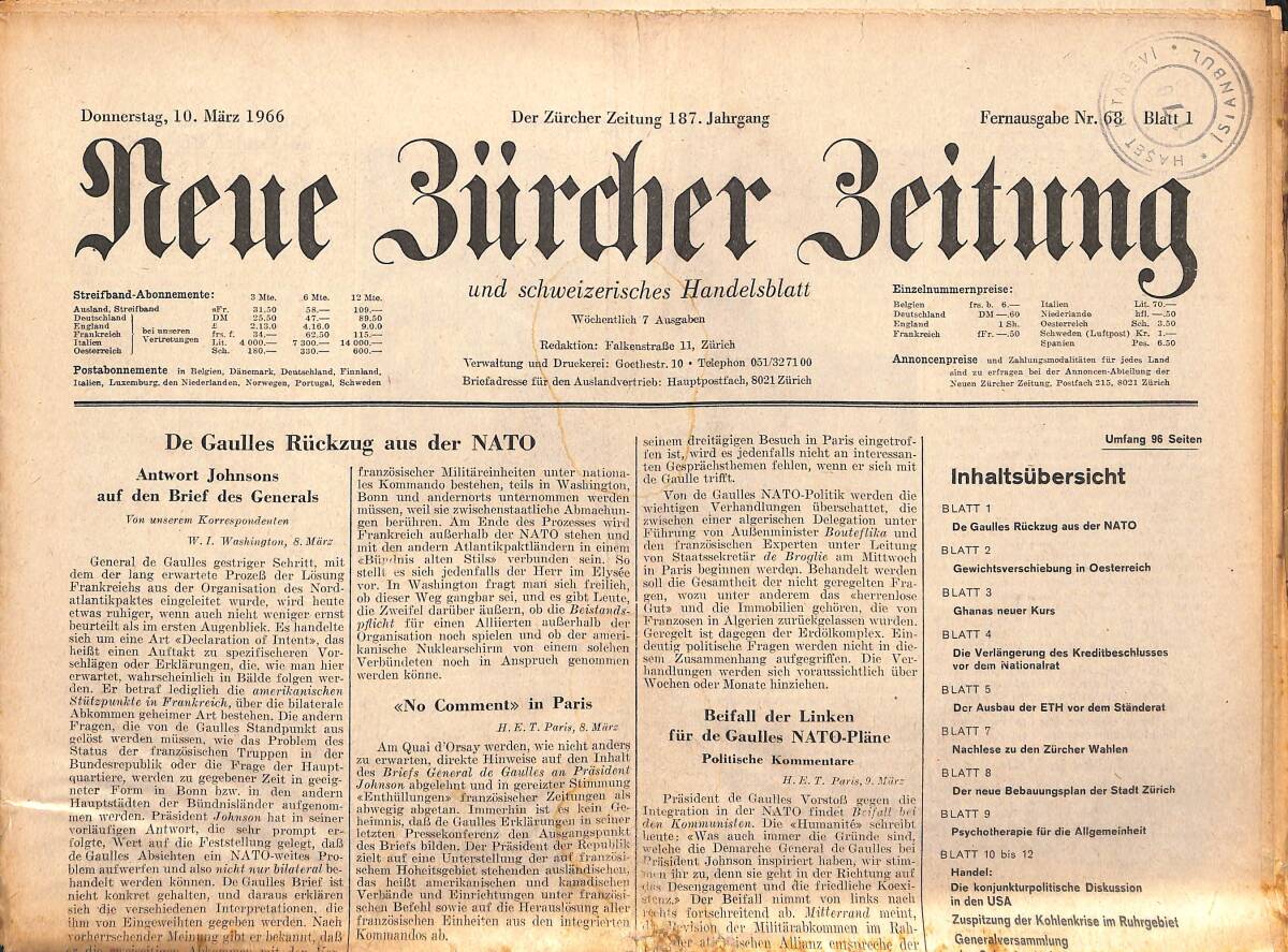 Neue Bürcher Beitung 10 Marz 1966 - De Gaulles Rückzug Aus Der NATO GZ140913 - 1