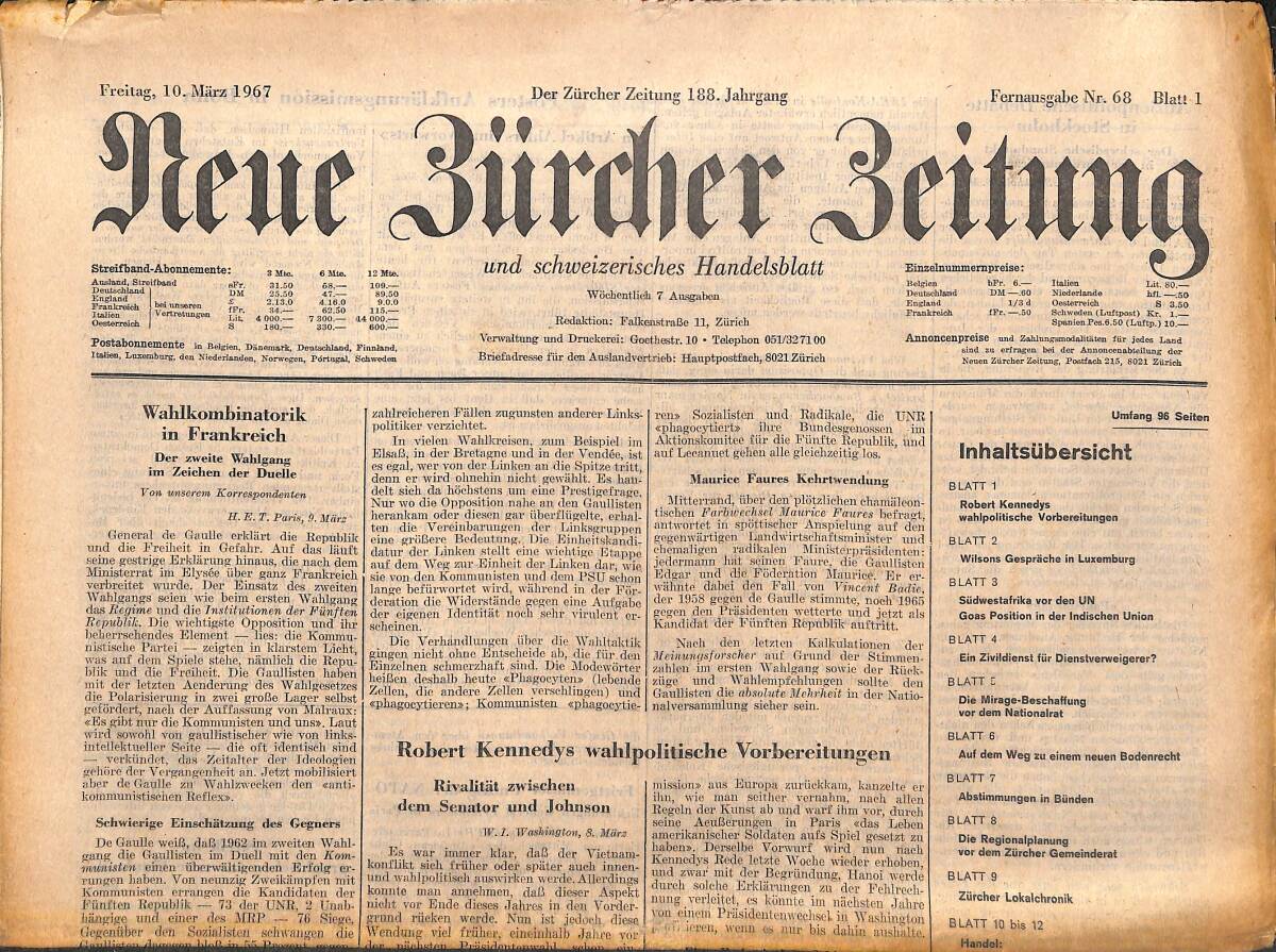 Neue Bürcher Beitung 10 Marz 1967 - Robert Kennedys Wahlpolitische Vorbereitungen GZ141645 - 1