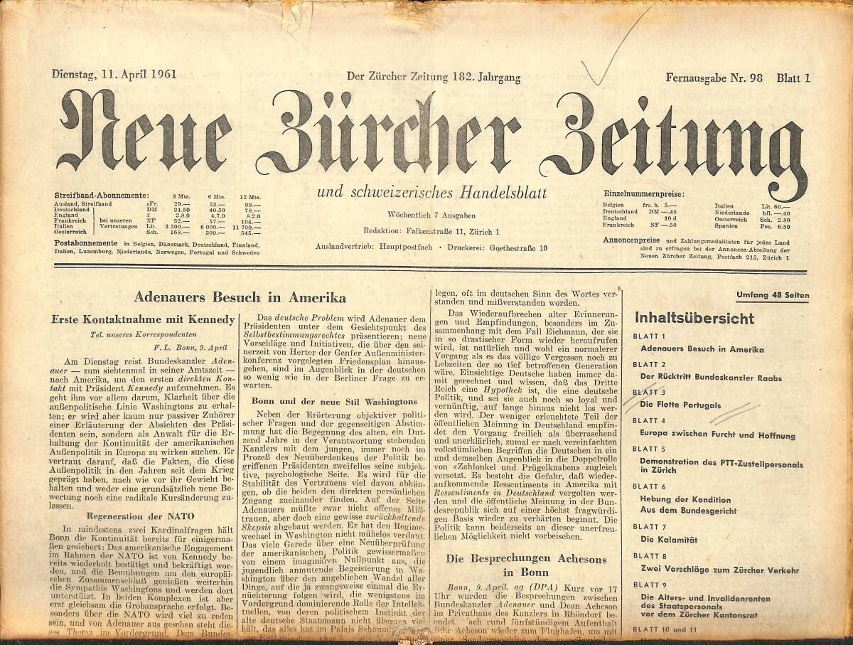 Neue Bürcher Beitung 11 April 1961 - Adenauers Besuch İn Amerika GZ140885 - 1