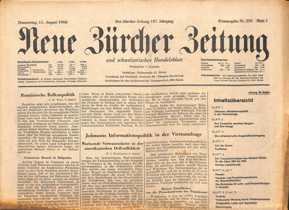 Neue Bürcher Beitung 11 August 1966 - Rumanische Balkanpolitik GZ141646 - 1