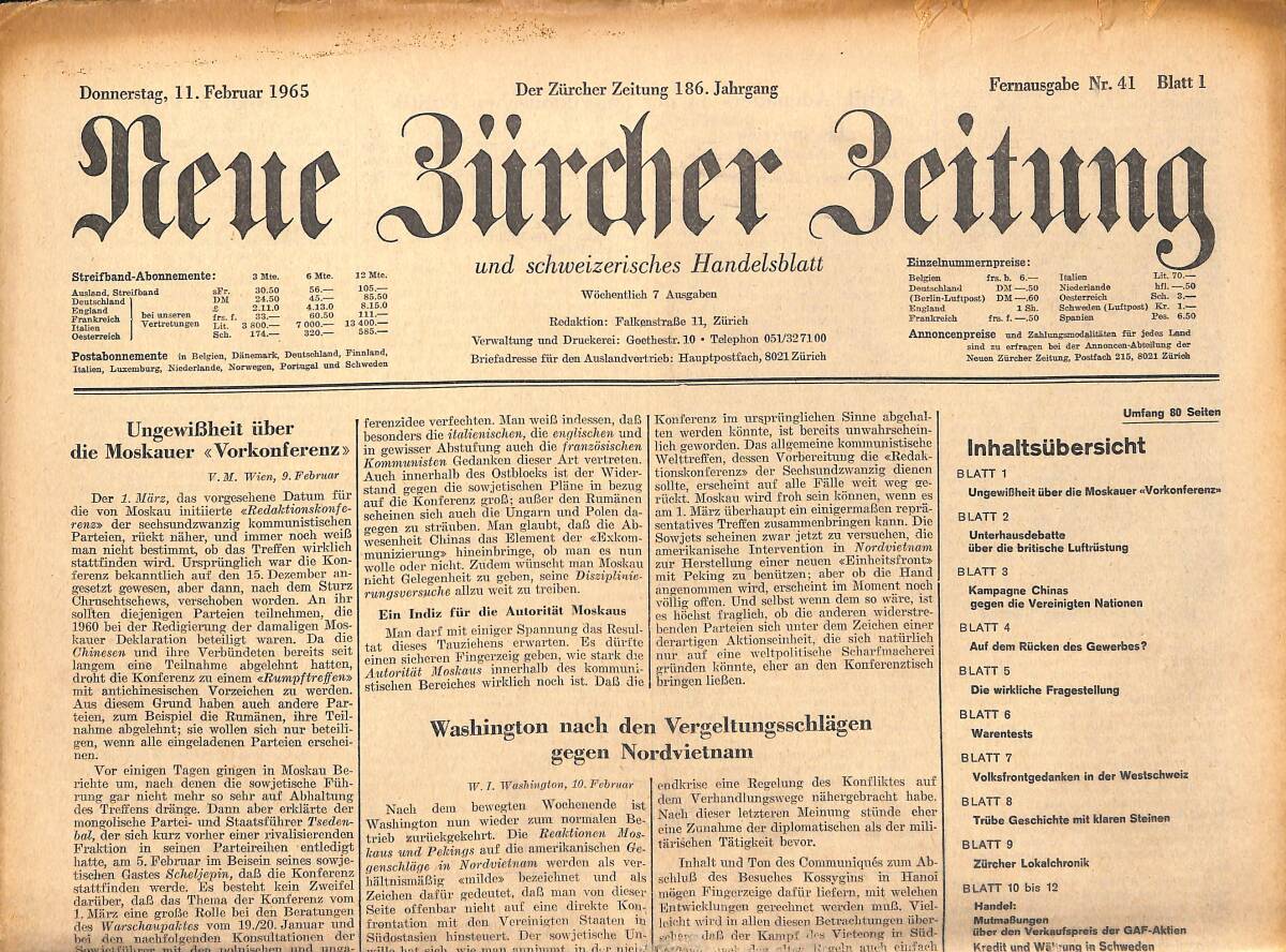 Neue Bürcher Beitung 11 Februar 1965 - Washington Nach Den Vergeltungsschlagen Gegen Nordvietnam GZ141356 - 1