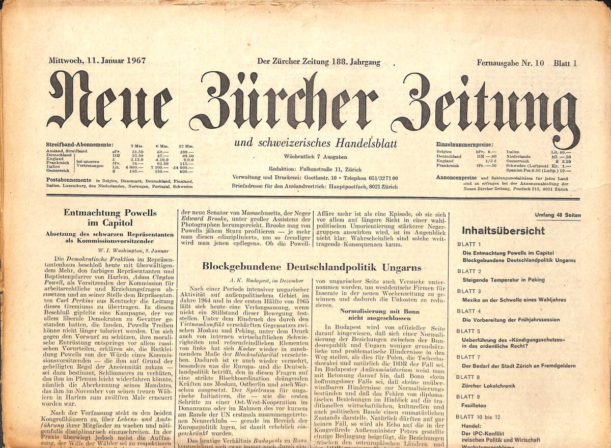 Neue Bürcher Beitung 11 Jannuar 1967 - Entmachtung Powells İm Capitol GZ141899 - 1