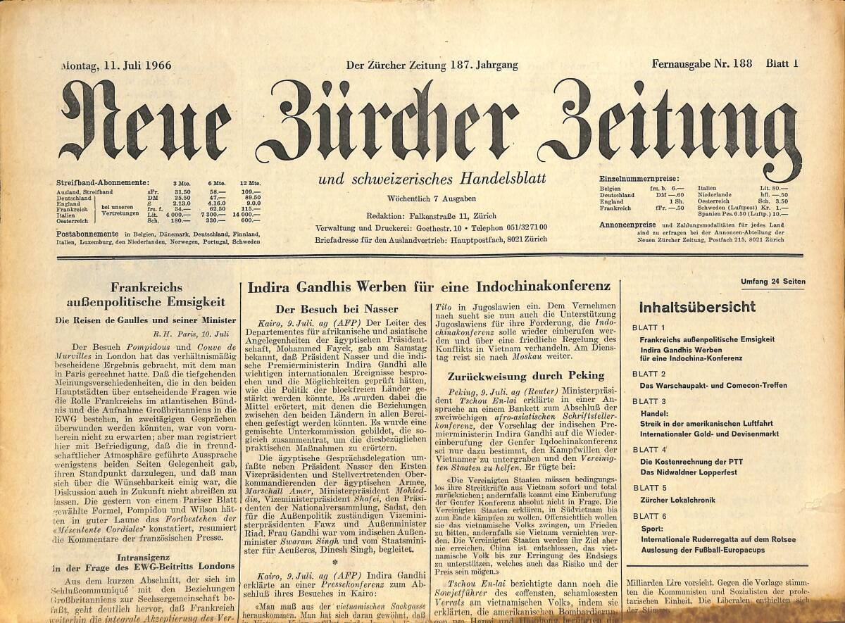Neue Bürcher Beitung 11 Juli 1966 - Frankreichs Aubenpolitische Emsigkeit GZ141617 - 1
