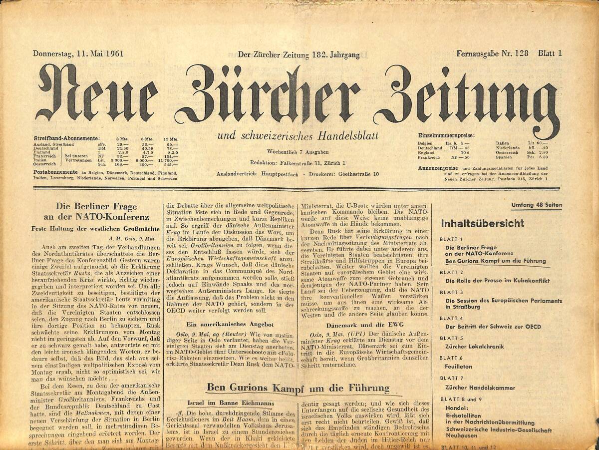 Neue Bürcher Beitung 11 Mai 1961 - Die Berliner Frage An Der NATO - Konferenz GZ141595 - 1