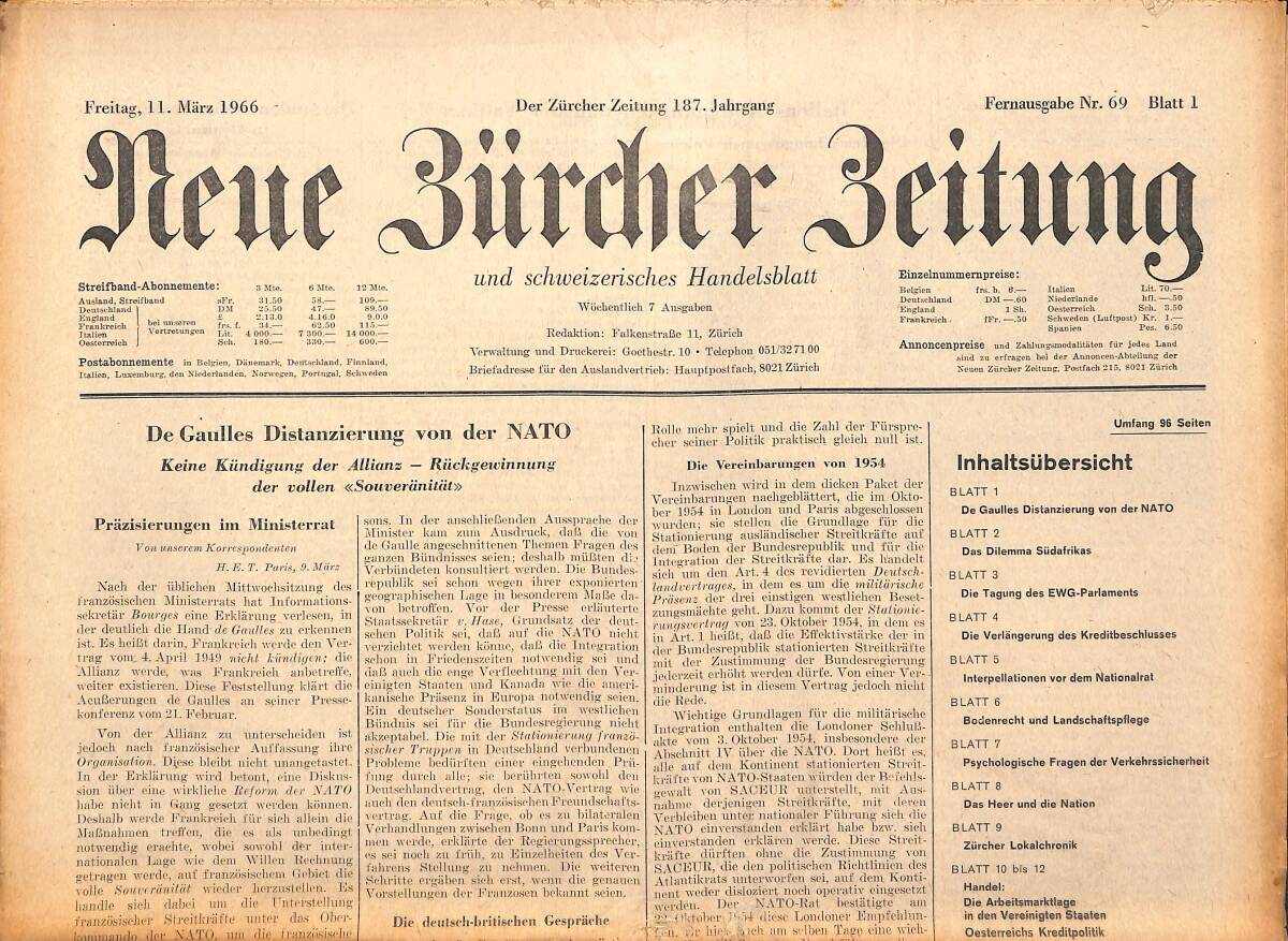 Neue Bürcher Beitung 11 Marz 1966 - De Gaulles Distanzierung Von Der Nato GZ140914 - 1