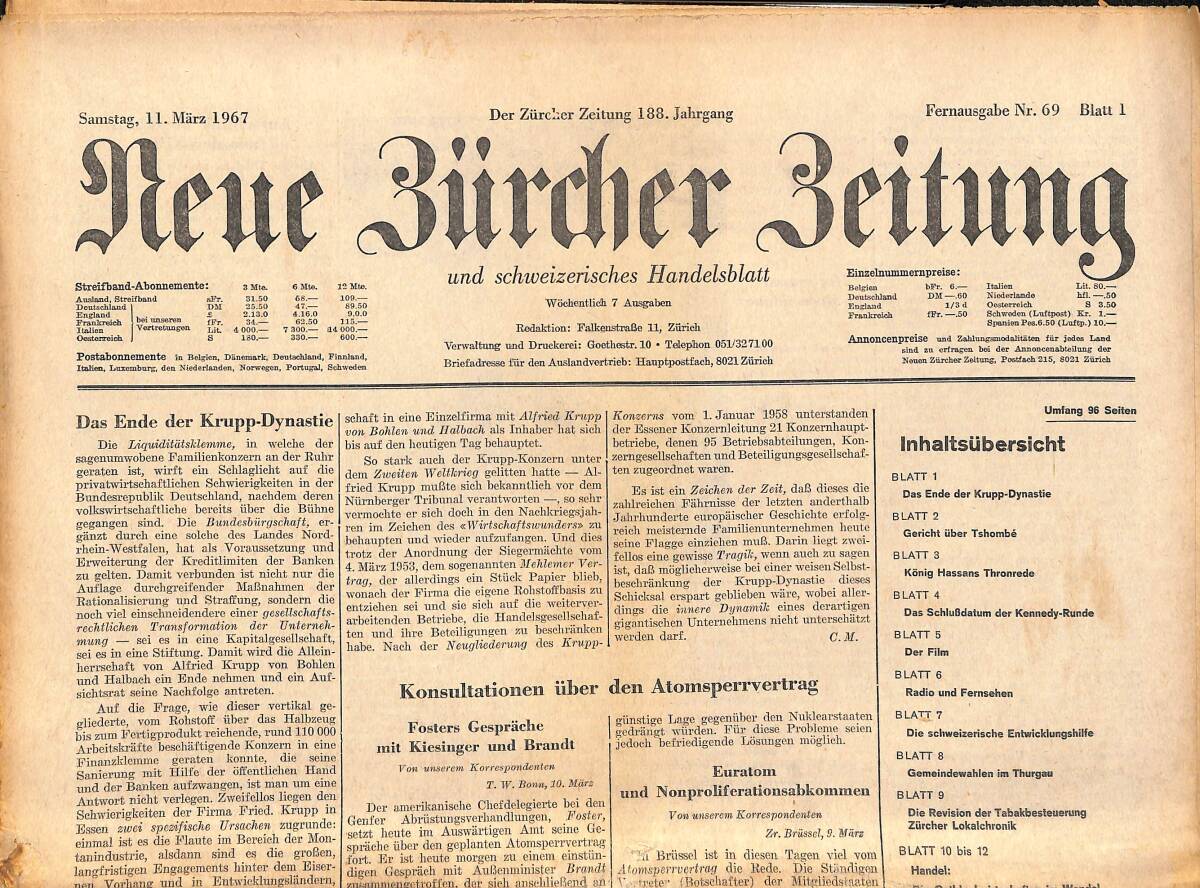 Neue Bürcher Beitung 11 Marz 1967 - Das Ende Der Krupp- Dynastic GZ141874 - 1