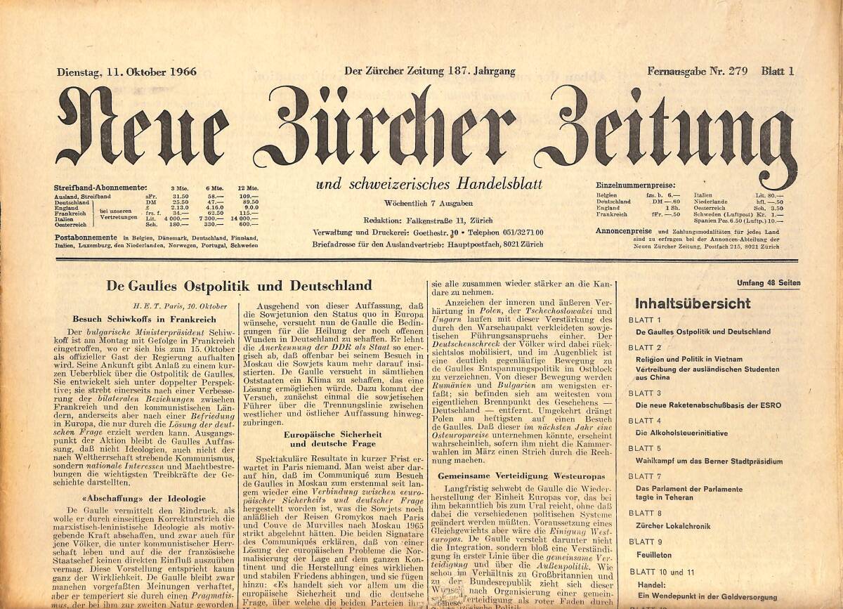 Neue Bürcher Beitung 11 Oktober 1966 - De Gaulles Ostpolitik Und Deutschland GZ141304 - 1