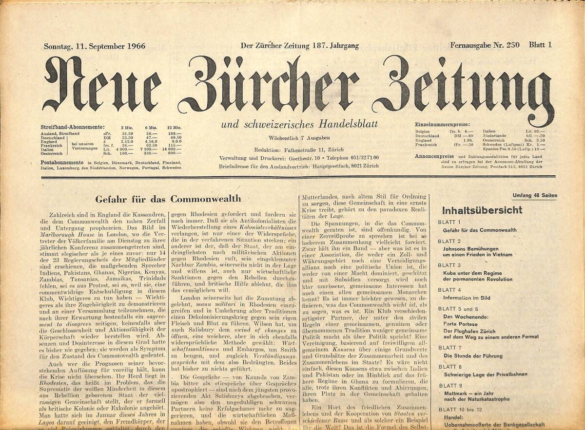 Neue Bürcher Beitung 11 September 1966 - Gefahr Für Das Commonwealth GZ140934 - 1