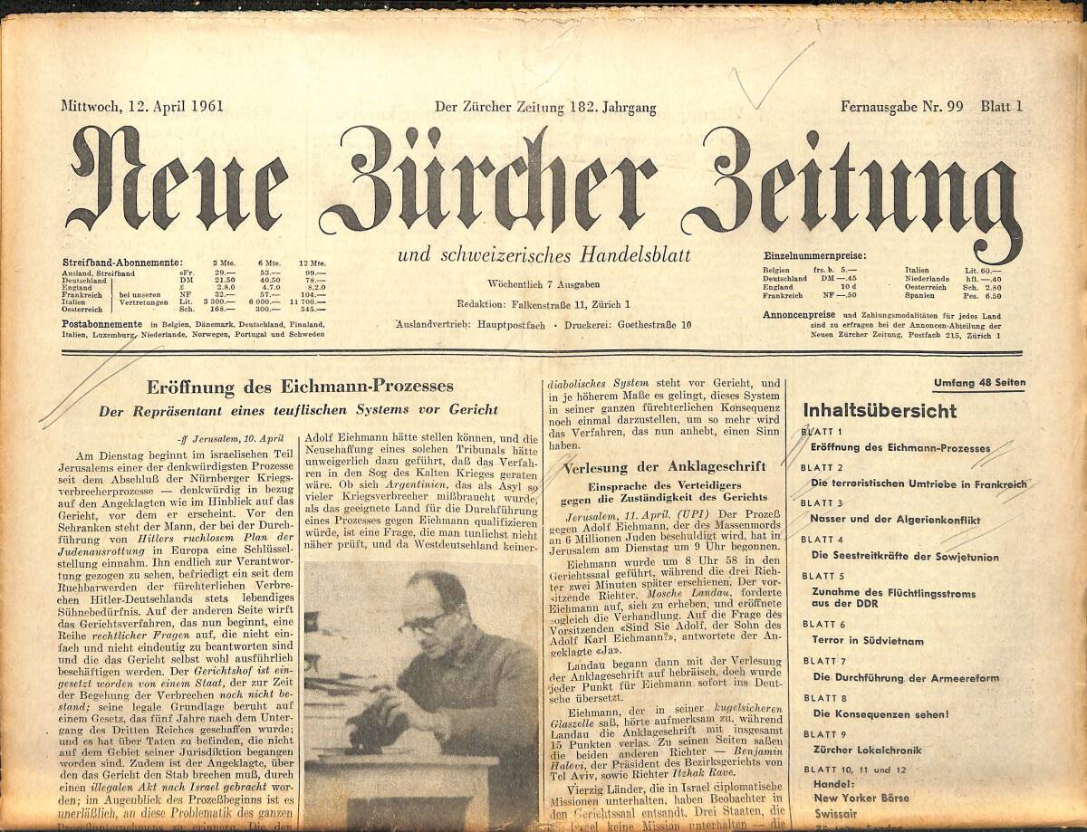 Neue Bürcher Beitung 12 April 1961 - Eröffnung Des Eichmann - Prozesses GZ140886 - 1