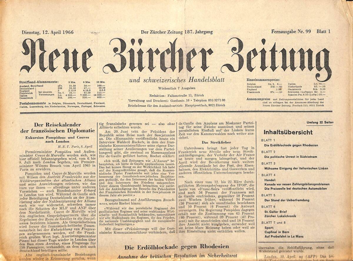 Neue Bürcher Beitung 12 April 1966 - Der Reisekalender Der Französichen Diplomatic GZ141324 - 1