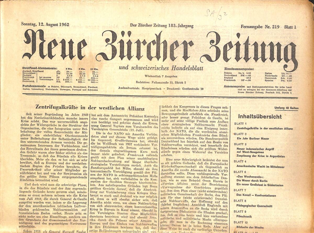 Neue Bürcher Beitung 12 August 1962 - Zentrifugalkrafte İn Der Westlichen Allianz GZ141893 - 1
