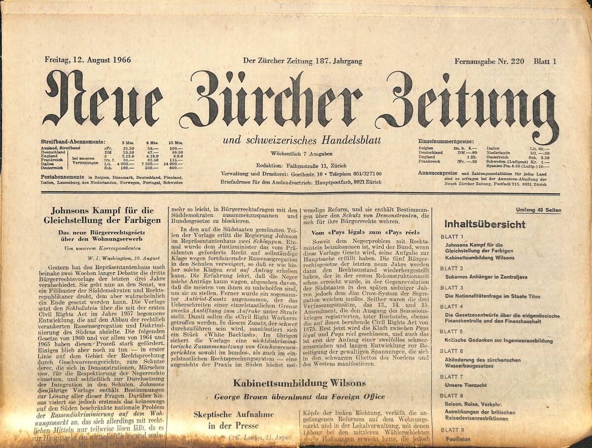 Neue Bürcher Beitung 12 August 1966 - Johnsons Kampf Für Die Gleichstellung Der Farbigen GZ140929 - 1
