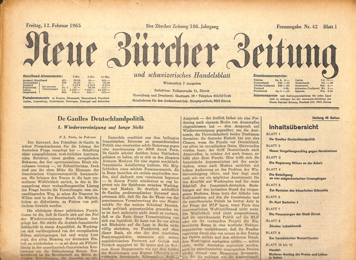 Neue Bürcher Beitung 12 Februar 1965 - De Gaulles Deutschlandpolitik GZ141357 - 1