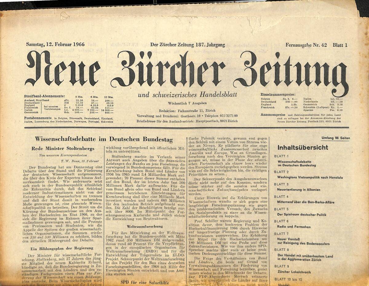 Neue Bürcher Beitung 12 Februar 1966 - Wissenschaftsdebatte İm Deutschen Bundestag GZ140946 - 1