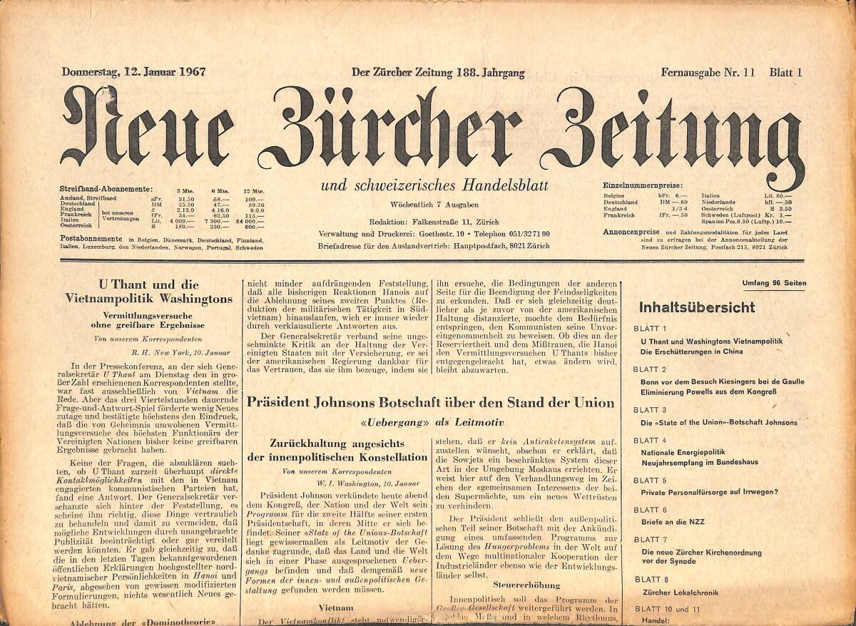 Neue Bürcher Beitung 12 Jannuar 1967 - U Thant Und Die Vietnampolitik Washington GZ141900 - 1