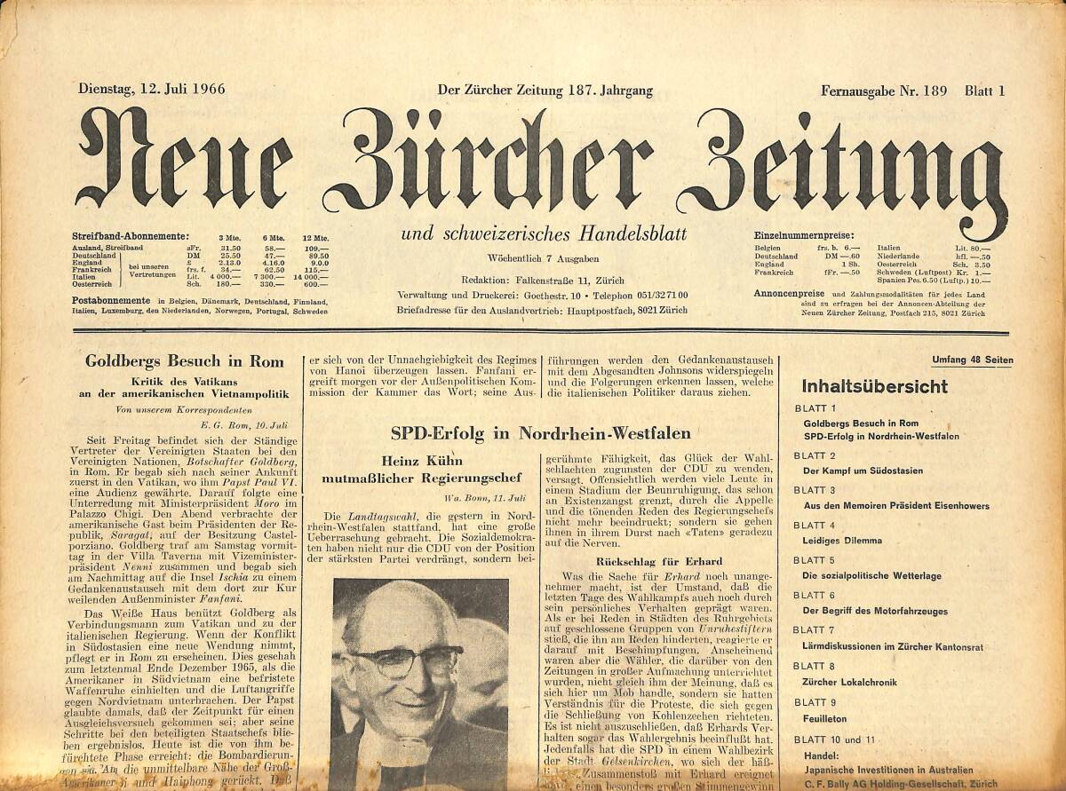 Neue Bürcher Beitung 12 Juli 1966 - Goldbergs Besuch İn Rom GZ141618_Kopya(1)_Kopya(1) - 1