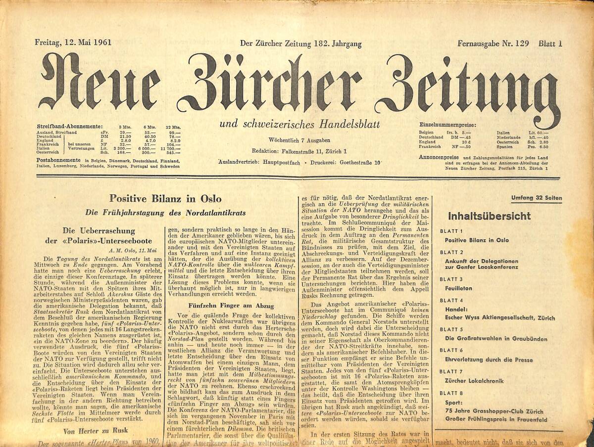 Neue Bürcher Beitung 12 Mai 1961 - Positive Bilanz İn Oslo GZ141596 - 1