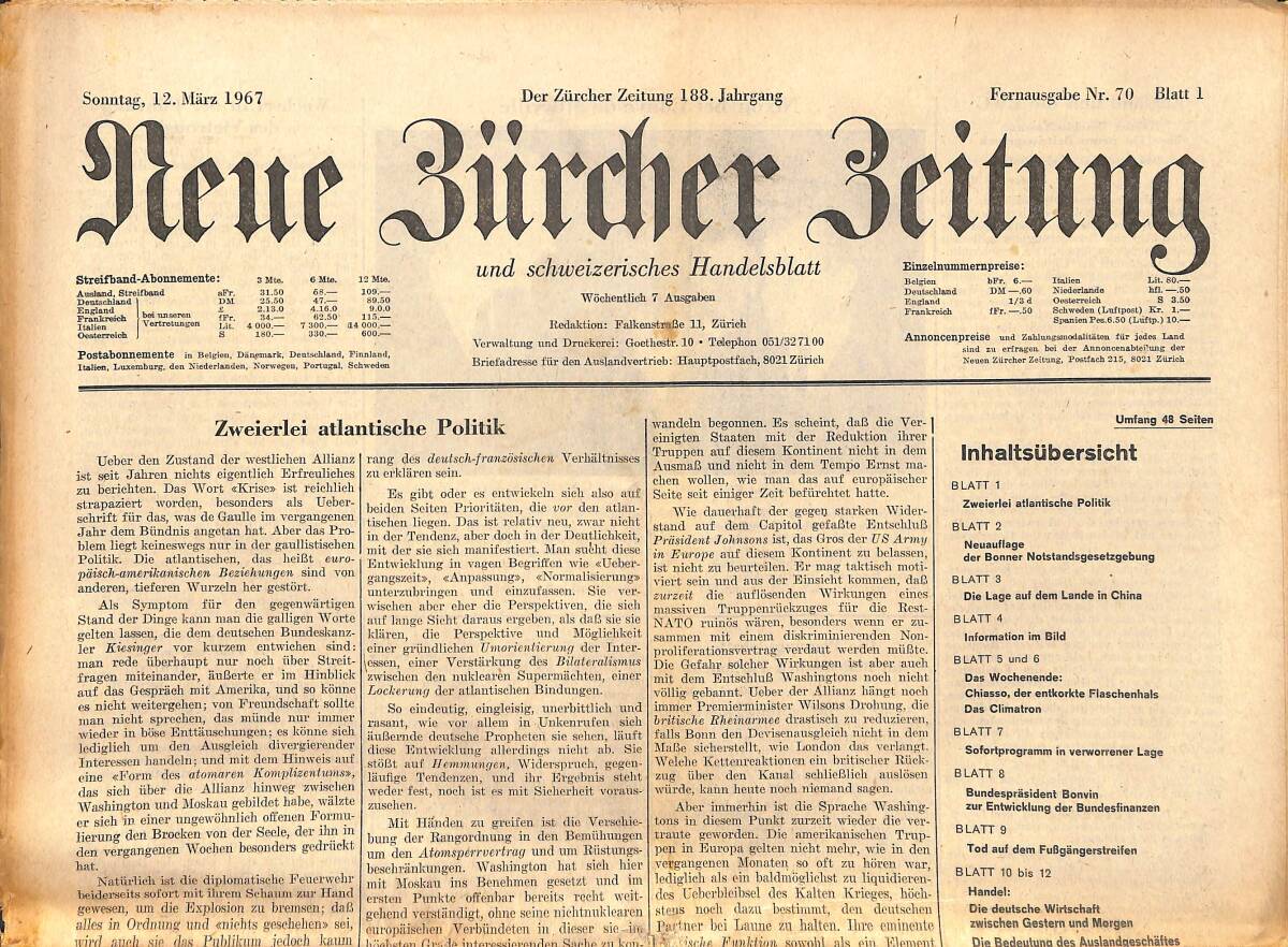Neue Bürcher Beitung 12 Marz 1967 - Zweierlei Atlantische Politik GZ141875 - 1