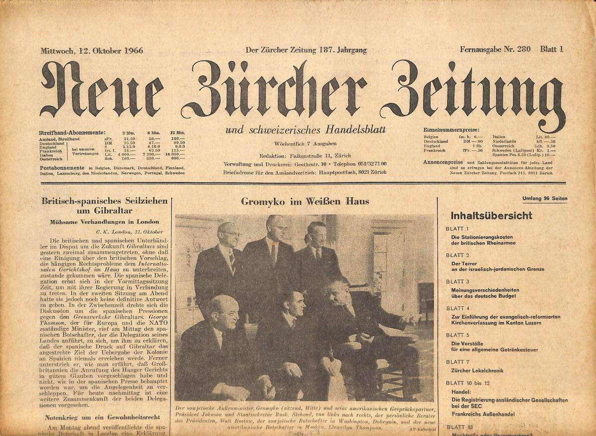 Neue Bürcher Beitung 12 Oktober 1966 - Gromyko İm Weiben Haus GZ141303 - 1