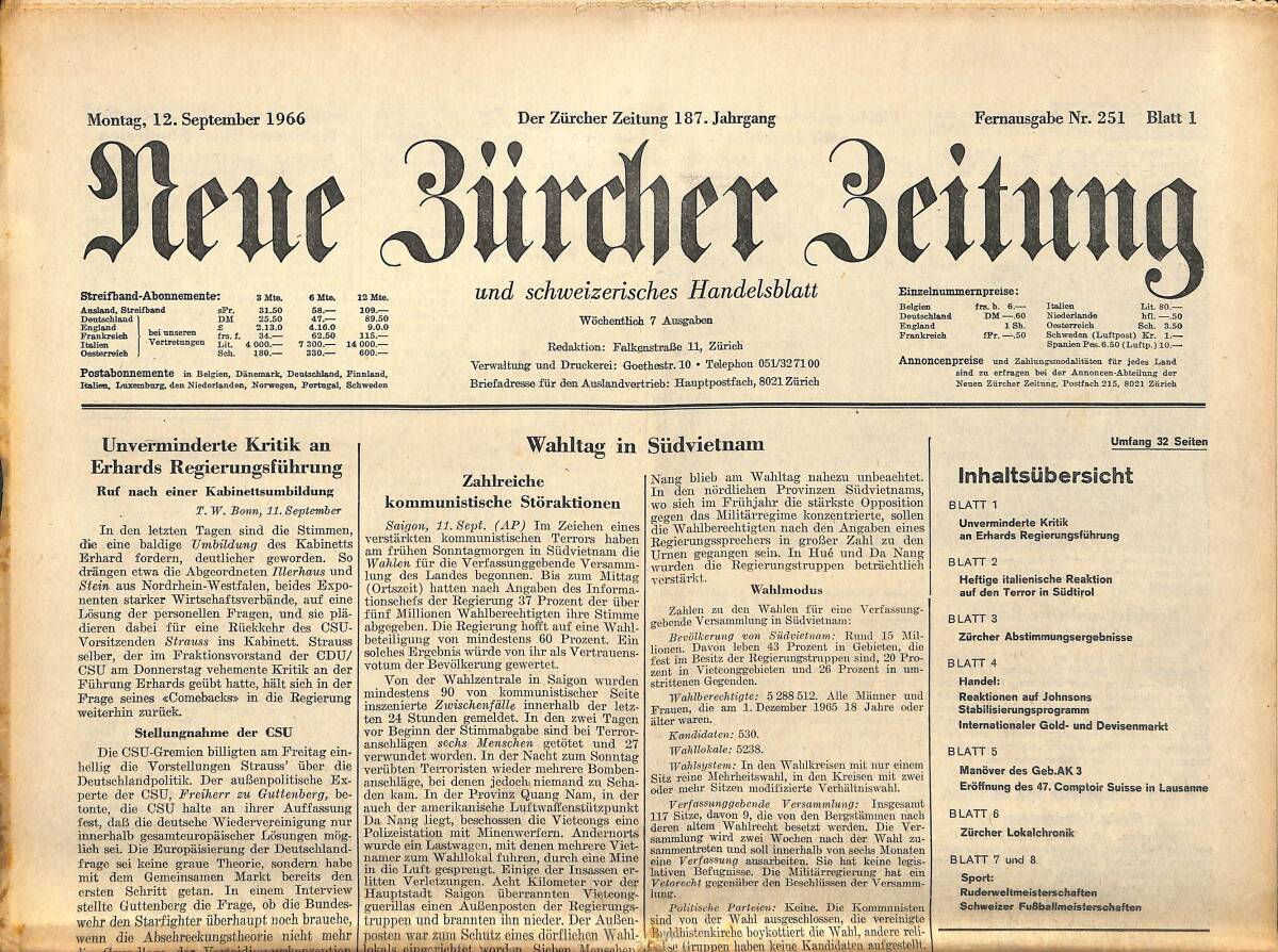 Neue Bürcher Beitung 12 September 1966 - Unverminderte Kritik An Erhards Regierungsführung GZ140933 - 1