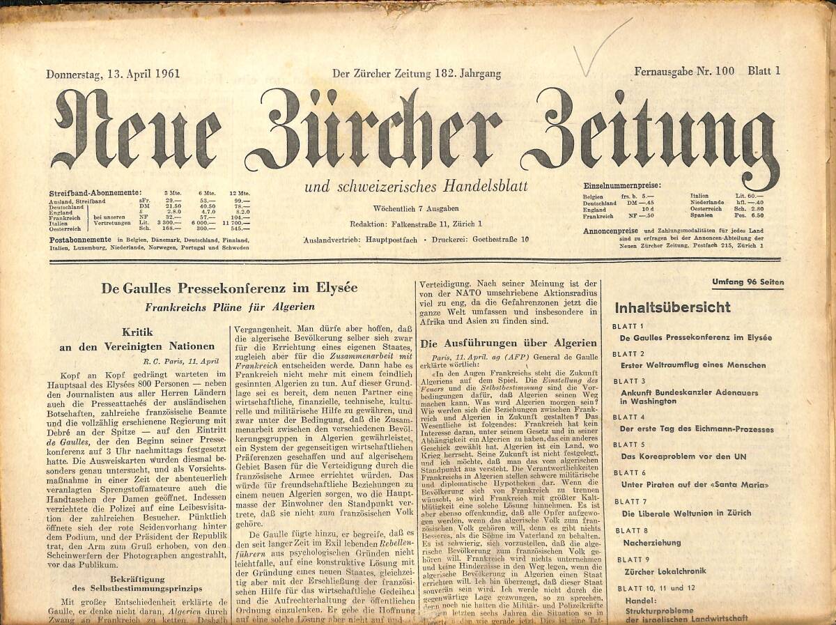 Neue Bürcher Beitung 13 April 1961 - De Gaulles Pressekonferenz İm Elysee GZ140887 - 1