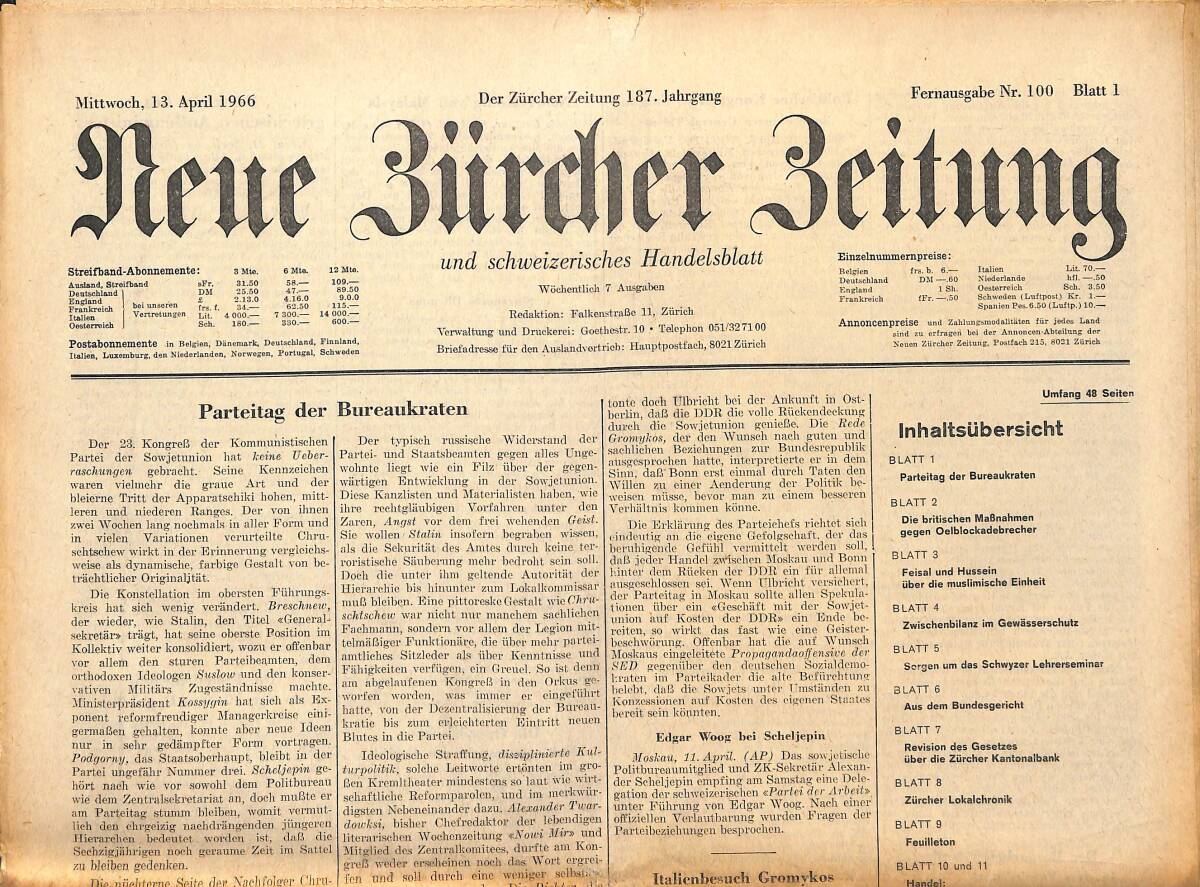 Neue Bürcher Beitung 13 April 1966 - Parteitag Der Bureaukraten GZ141325 - 1