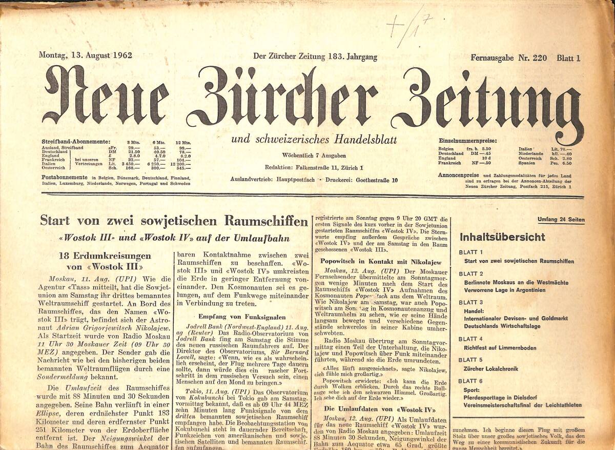 Neue Bürcher Beitung 13 August 1962 - Start Von Zwei Sowjetischen Raumschiffen GZ141894 - 1