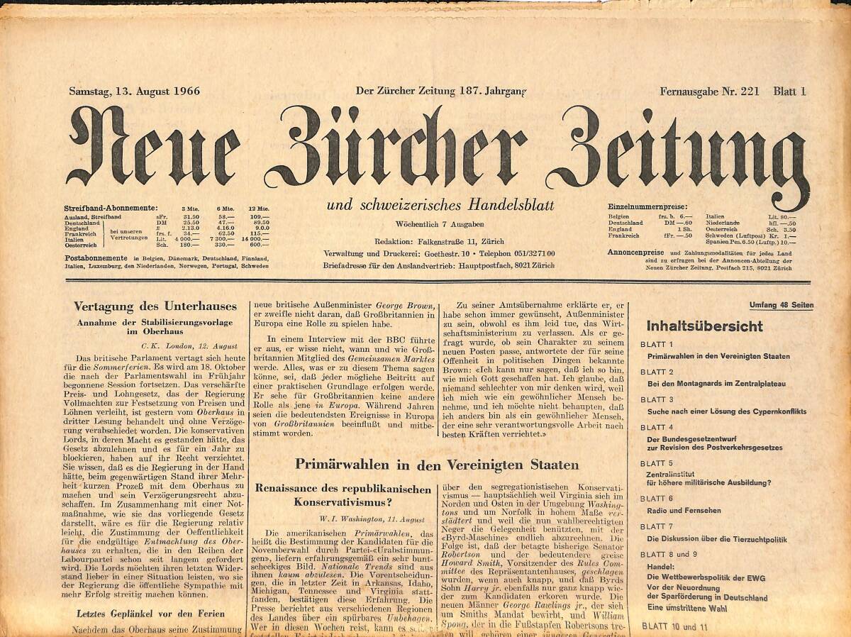 Neue Bürcher Beitung 13 August 1966 - Vertagung Des Unterhauses GZ141295 - 1